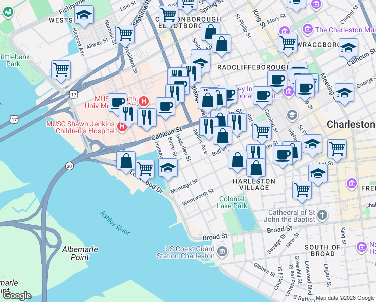 map of restaurants, bars, coffee shops, grocery stores, and more near 56 Gadsden Street in Charleston