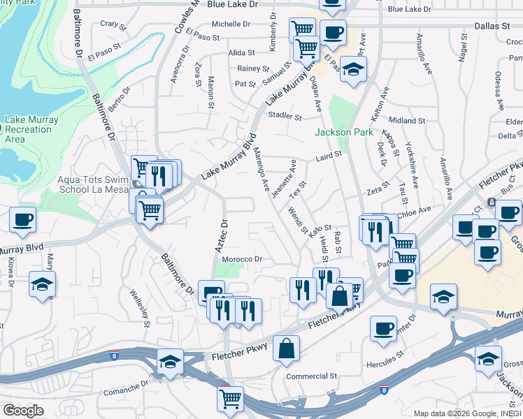 map of restaurants, bars, coffee shops, grocery stores, and more near 7949 Anders Circle in La Mesa