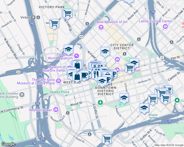 map of restaurants, bars, coffee shops, grocery stores, and more near 298 Griffin Pl in Dallas
