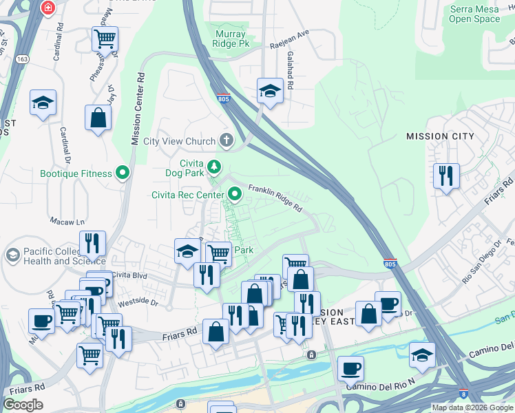 map of restaurants, bars, coffee shops, grocery stores, and more near 2804 Avella Circle in San Diego