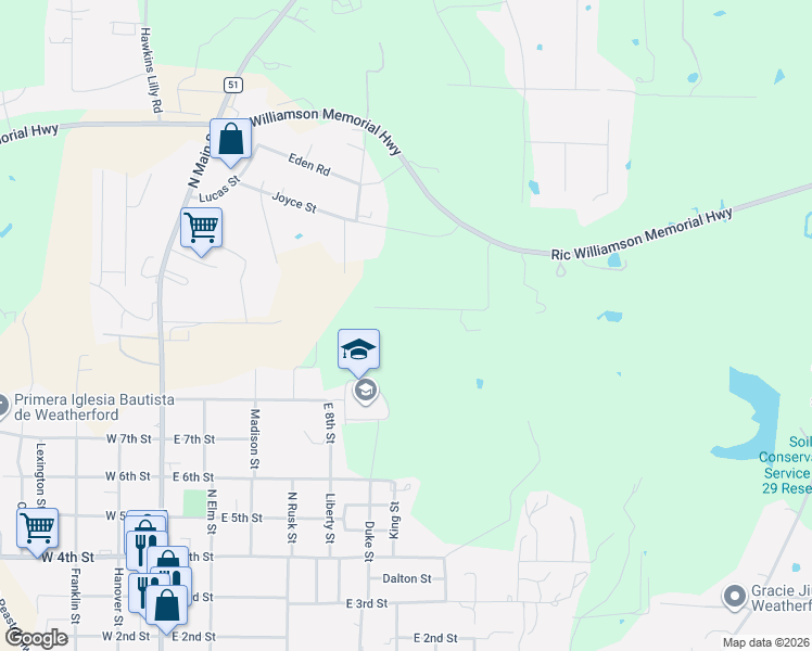 map of restaurants, bars, coffee shops, grocery stores, and more near 2349 Tanglewood Street in Weatherford