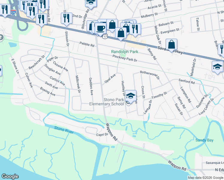 map of restaurants, bars, coffee shops, grocery stores, and more near 1772 Skinner Avenue in Charleston