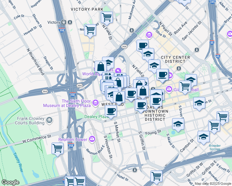 map of restaurants, bars, coffee shops, grocery stores, and more near 800 Ross Avenue in Dallas