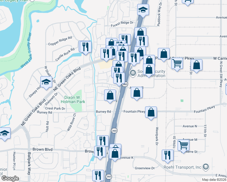 map of restaurants, bars, coffee shops, grocery stores, and more near 1975 North Highway 360 in Grand Prairie