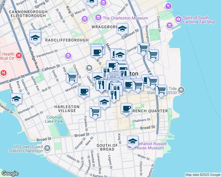 map of restaurants, bars, coffee shops, grocery stores, and more near 4 Beaufain Street in Charleston