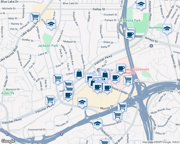 map of restaurants, bars, coffee shops, grocery stores, and more near 8625 Fletcher Parkway in La Mesa