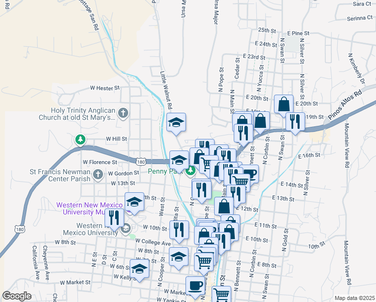 map of restaurants, bars, coffee shops, grocery stores, and more near 212 U.S. 180 in Silver City