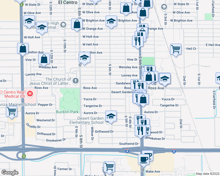 map of restaurants, bars, coffee shops, grocery stores, and more near 602 Ross Avenue in El Centro