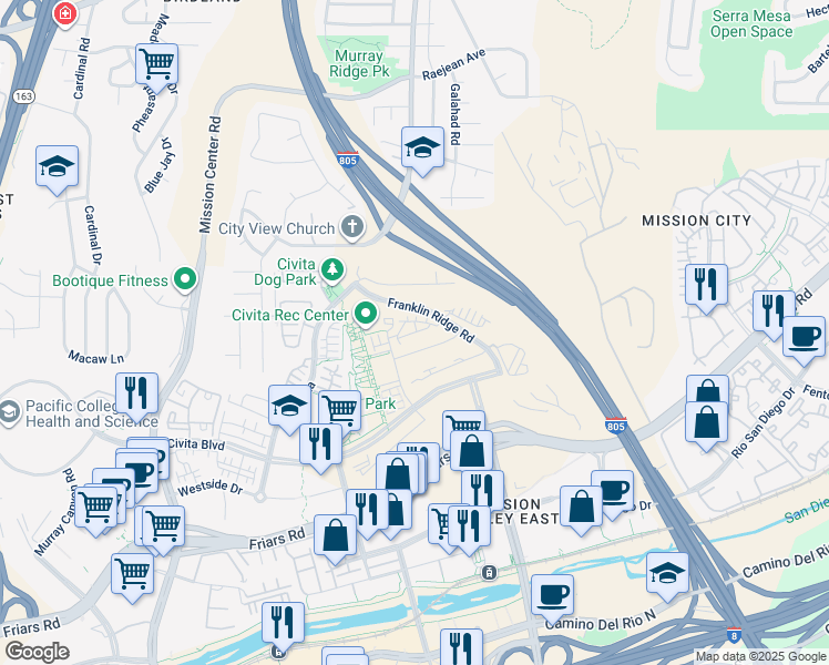 map of restaurants, bars, coffee shops, grocery stores, and more near 2828 Avella Circle in San Diego