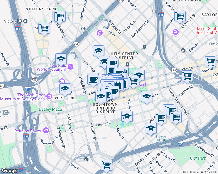 map of restaurants, bars, coffee shops, grocery stores, and more near 1505 Elm Street in Dallas