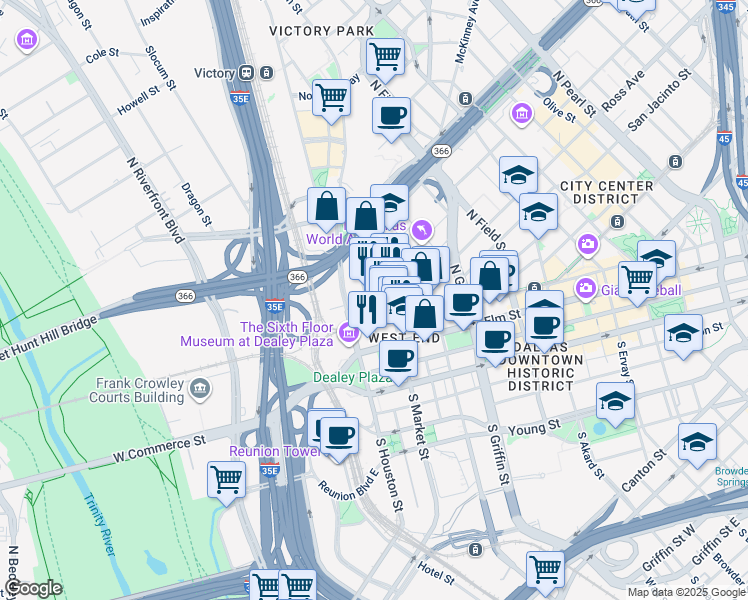 map of restaurants, bars, coffee shops, grocery stores, and more near 311 North Market Street in Dallas