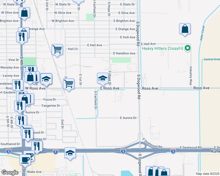 map of restaurants, bars, coffee shops, grocery stores, and more near 52 Ross Avenue in El Centro