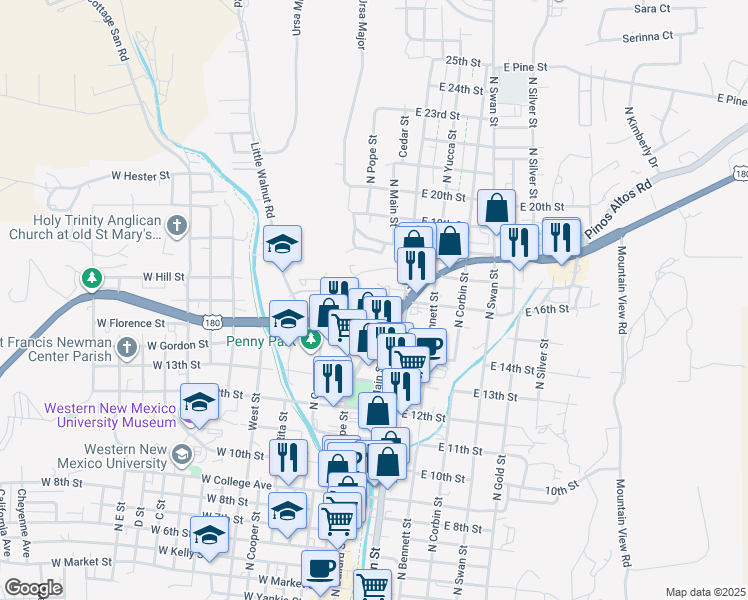 map of restaurants, bars, coffee shops, grocery stores, and more near 1506 Silver Heights Boulevard in Silver City
