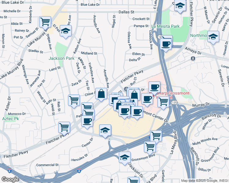map of restaurants, bars, coffee shops, grocery stores, and more near 8690 Center Drive in La Mesa