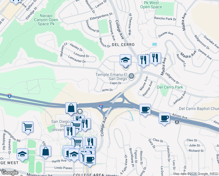 map of restaurants, bars, coffee shops, grocery stores, and more near 6173 Arno Drive in San Diego
