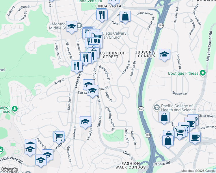 map of restaurants, bars, coffee shops, grocery stores, and more near 2026 Abbe Street in San Diego