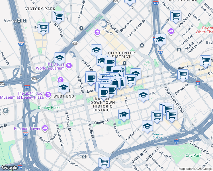 map of restaurants, bars, coffee shops, grocery stores, and more near in Dallas