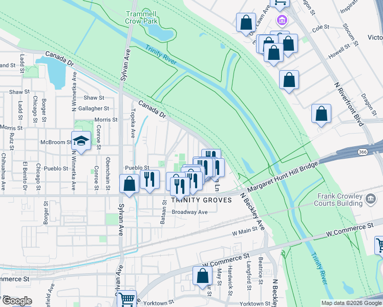 map of restaurants, bars, coffee shops, grocery stores, and more near 3215 Wake Street in Dallas