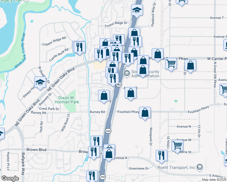 map of restaurants, bars, coffee shops, grocery stores, and more near 1975 North Highway 360 in Grand Prairie