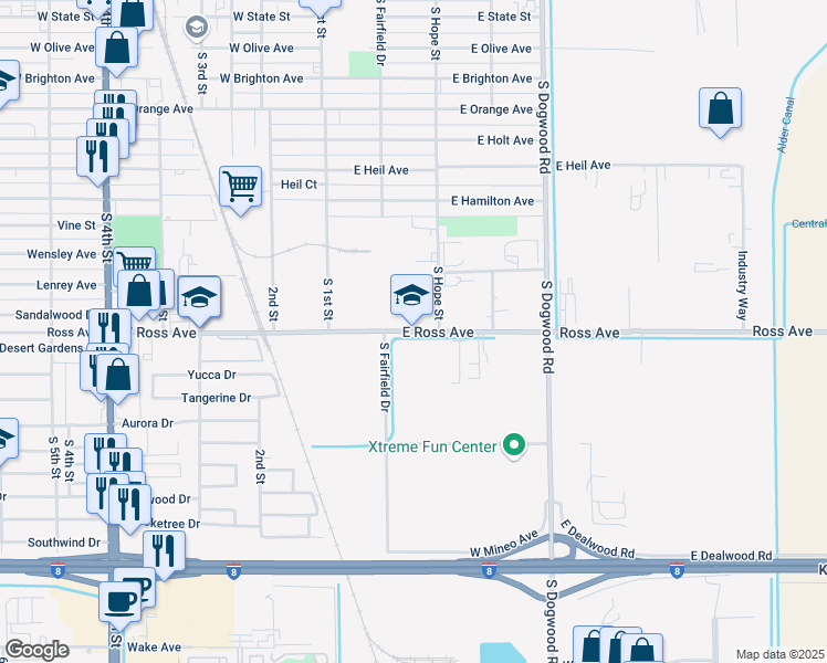 map of restaurants, bars, coffee shops, grocery stores, and more near 213 Ross Avenue in El Centro