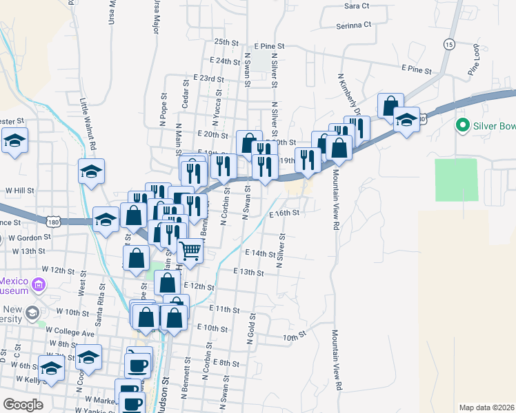 map of restaurants, bars, coffee shops, grocery stores, and more near 1599 North Gold Street in Silver City