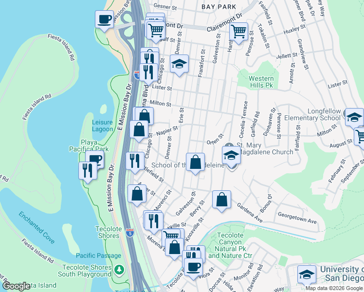 map of restaurants, bars, coffee shops, grocery stores, and more near 1951 Frankfort Street in San Diego
