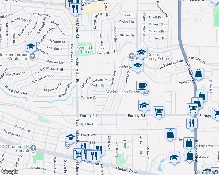 map of restaurants, bars, coffee shops, grocery stores, and more near 7136 Grey Dawn Lane in Dallas