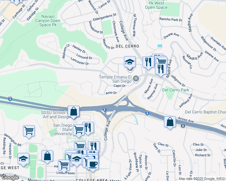 map of restaurants, bars, coffee shops, grocery stores, and more near 6154 Arno Drive in San Diego