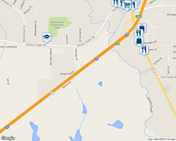 map of restaurants, bars, coffee shops, grocery stores, and more near 1699 Jennifer Drive in Macon