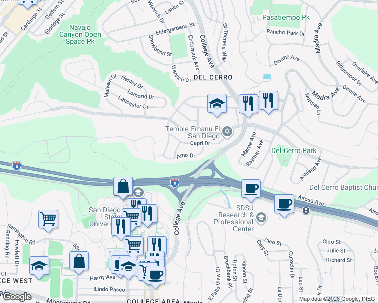 map of restaurants, bars, coffee shops, grocery stores, and more near 6154 Arno Drive in San Diego