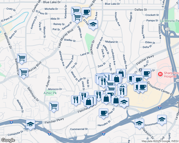 map of restaurants, bars, coffee shops, grocery stores, and more near 5635 Dugan Avenue in La Mesa