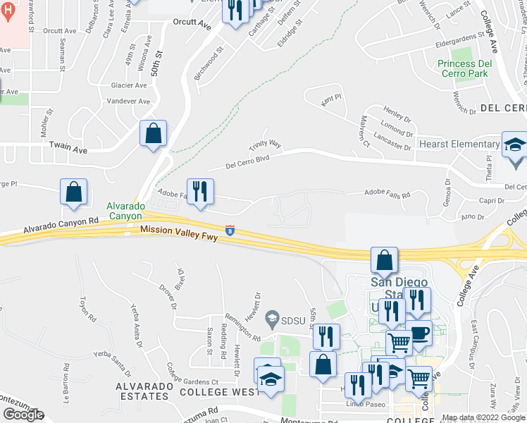 map of restaurants, bars, coffee shops, grocery stores, and more near 5533 Adobe Falls Road in San Diego