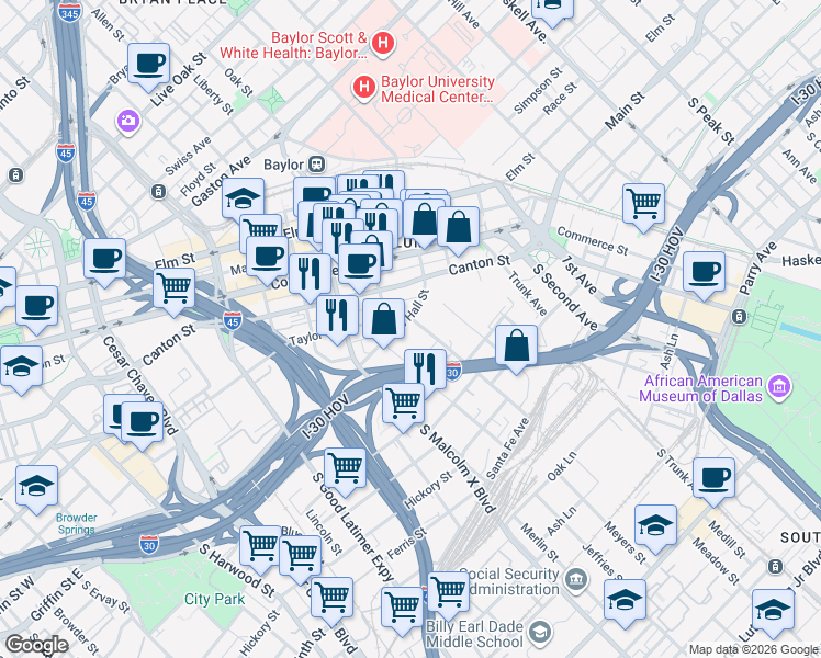 map of restaurants, bars, coffee shops, grocery stores, and more near 400 South Hall Street in Dallas