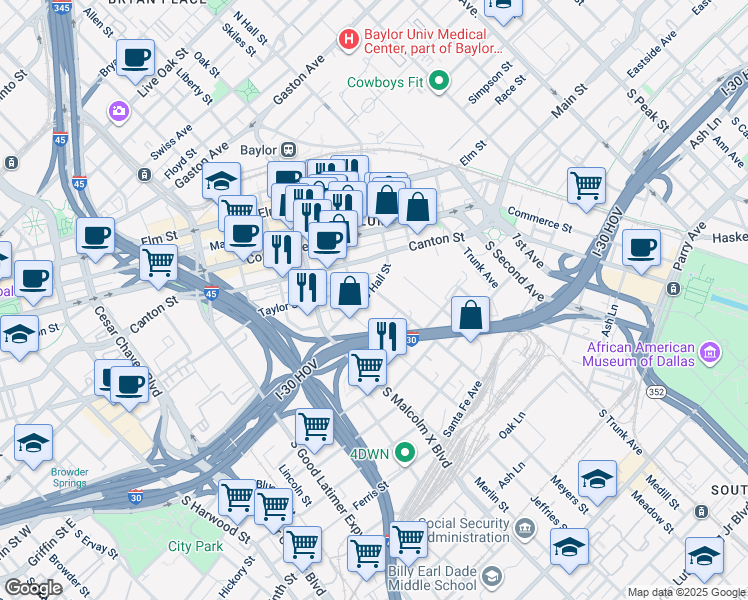 map of restaurants, bars, coffee shops, grocery stores, and more near 400 South Hall Street in Dallas