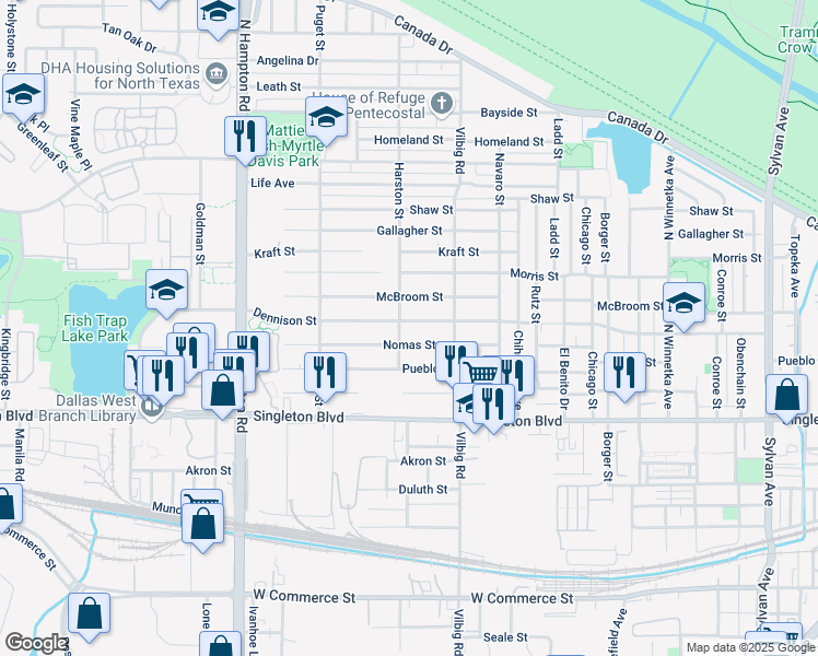 map of restaurants, bars, coffee shops, grocery stores, and more near 1842 Dennison Street in Dallas