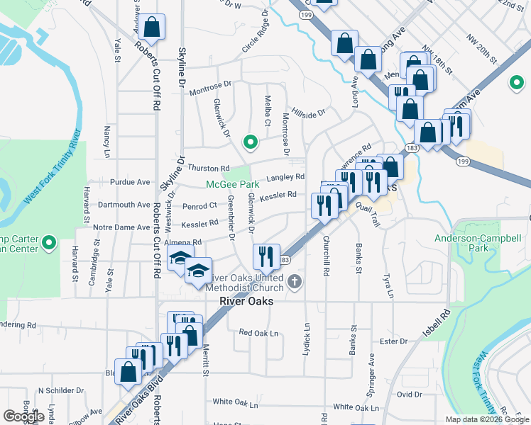 map of restaurants, bars, coffee shops, grocery stores, and more near 4913 Almena Road in River Oaks