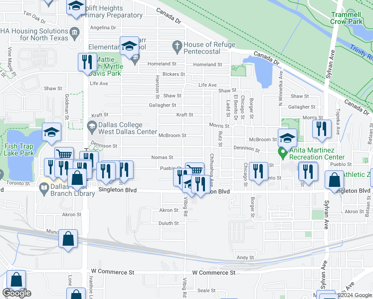 map of restaurants, bars, coffee shops, grocery stores, and more near 1734 Dennison Street in Dallas