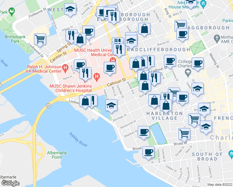 map of restaurants, bars, coffee shops, grocery stores, and more near 59C Barre Street in Charleston