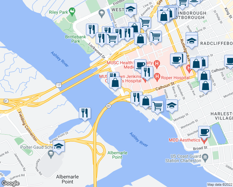 map of restaurants, bars, coffee shops, grocery stores, and more near 33 Lockwood Drive in Charleston