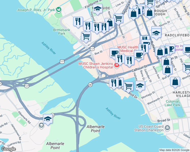map of restaurants, bars, coffee shops, grocery stores, and more near 17 Lockwood Drive in Charleston