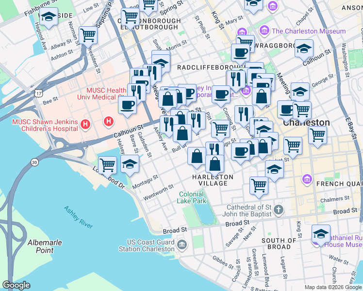map of restaurants, bars, coffee shops, grocery stores, and more near 97 Rutledge Avenue in Charleston