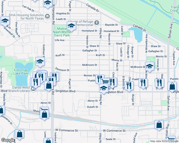 map of restaurants, bars, coffee shops, grocery stores, and more near 1842 Dennison Street in Dallas