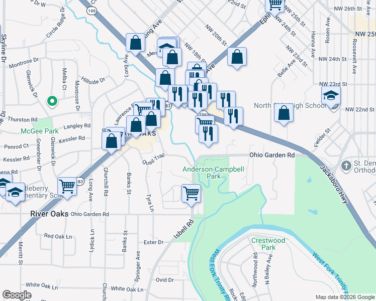 map of restaurants, bars, coffee shops, grocery stores, and more near 4308 Quail Trail in Fort Worth