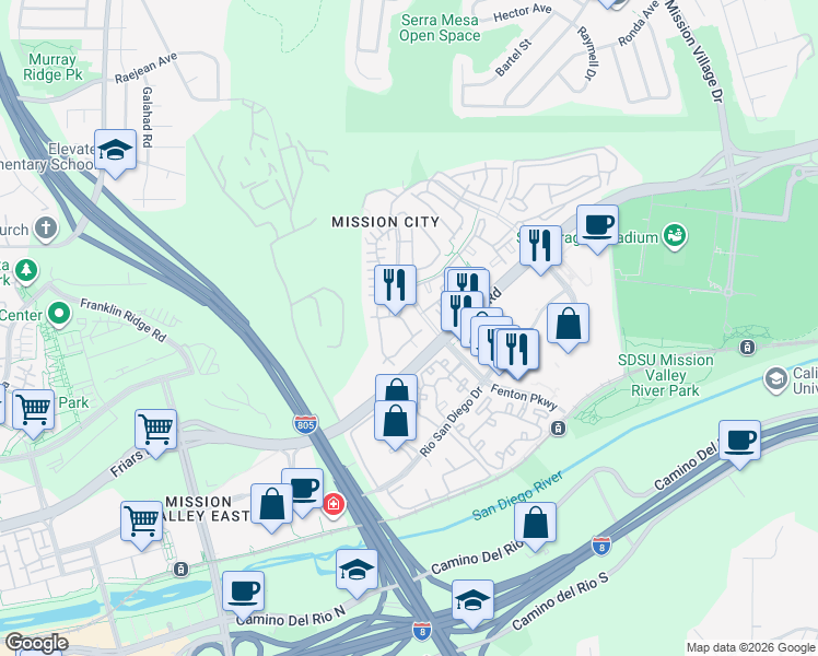 map of restaurants, bars, coffee shops, grocery stores, and more near 2620 Escala Circle in San Diego