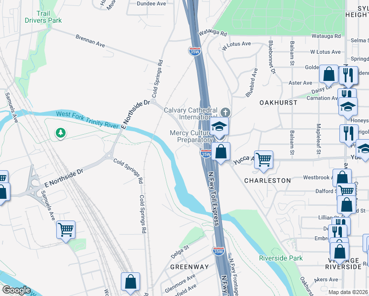 map of restaurants, bars, coffee shops, grocery stores, and more near 1852 East Northside Drive in Fort Worth