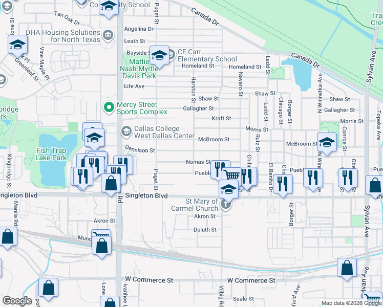 map of restaurants, bars, coffee shops, grocery stores, and more near 1902 Dennison Street in Dallas