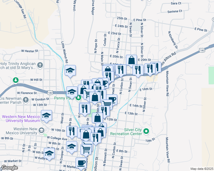map of restaurants, bars, coffee shops, grocery stores, and more near 300 East 16th Street in Silver City