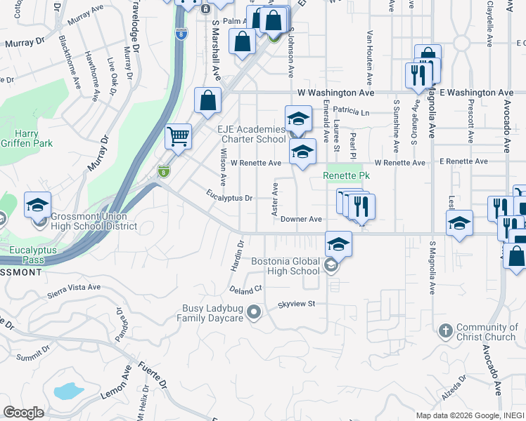 map of restaurants, bars, coffee shops, grocery stores, and more near 1075 Lemon Avenue in El Cajon