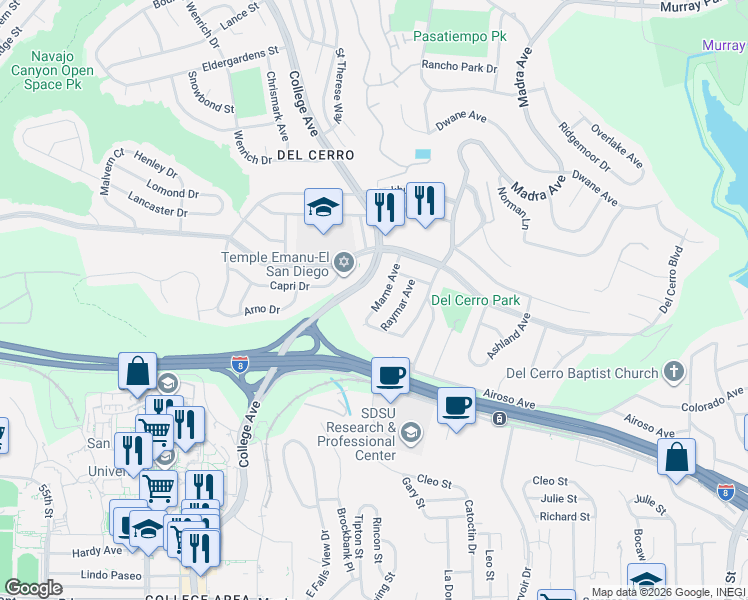 map of restaurants, bars, coffee shops, grocery stores, and more near 5618 Raymar Avenue in San Diego