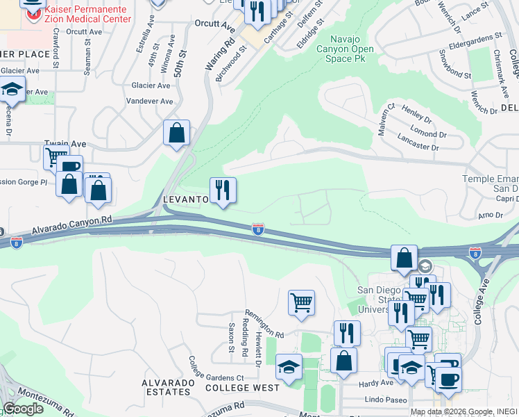 map of restaurants, bars, coffee shops, grocery stores, and more near 5483 Adobe Falls Road in San Diego
